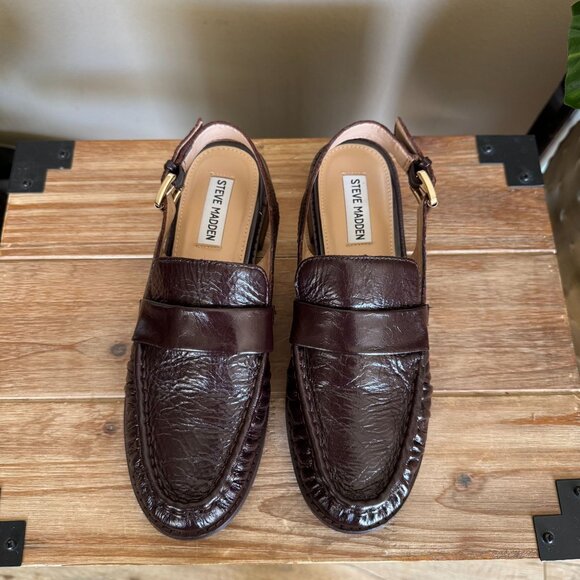 Steve Madden Reeves Brown Genuine Leather Gold Hardware Sling Back Loafer Size 8 - Picture 4 of 14